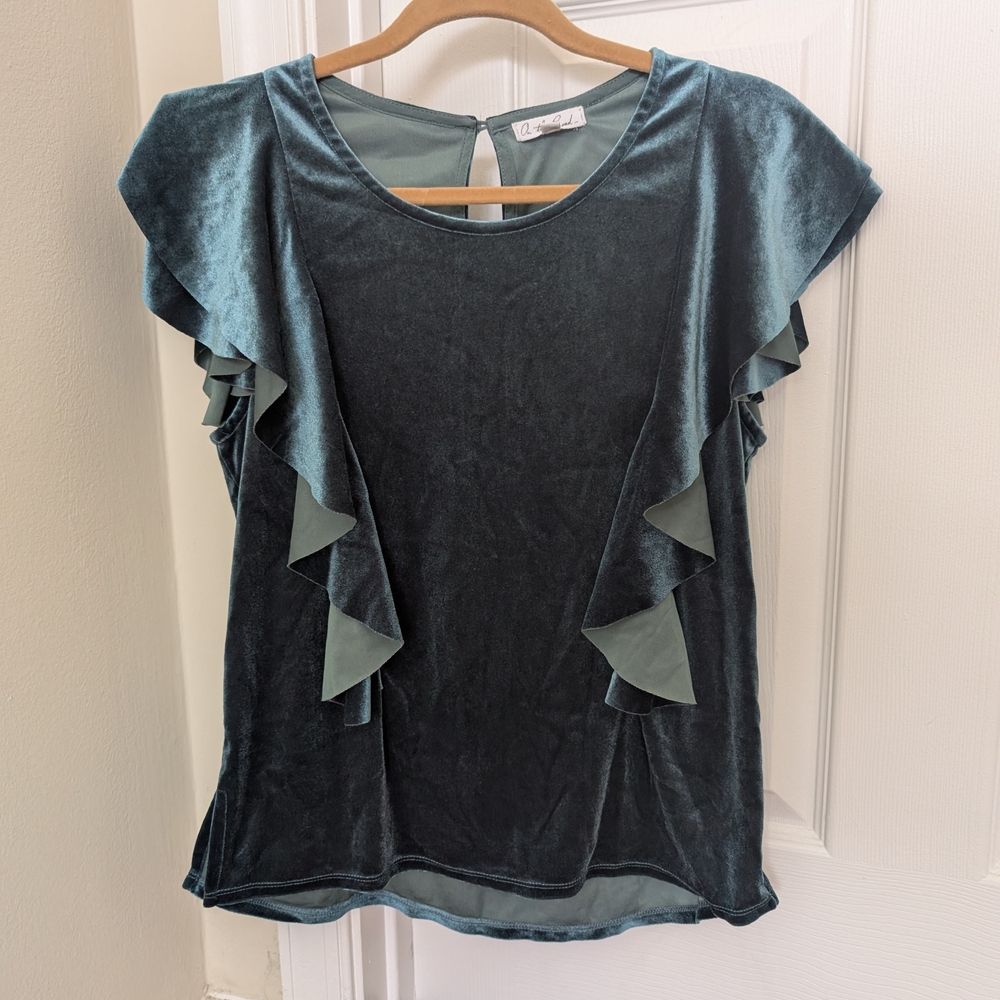 On The Road Green and Blue Flutter Sleeve Blouse
